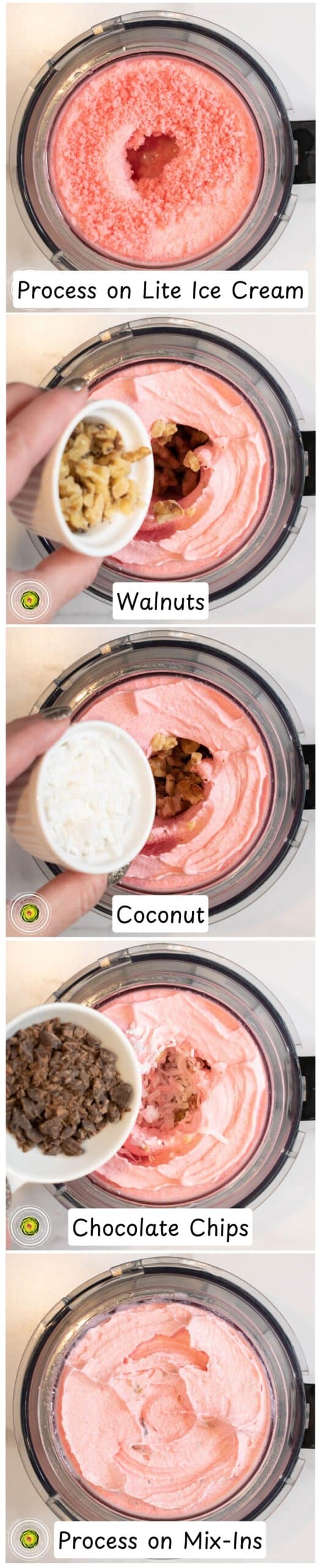 Processing the Ninja Creami strawberry coco-nut protein ice cream and adding walnut, coconut, and chocolate chip mix-ins