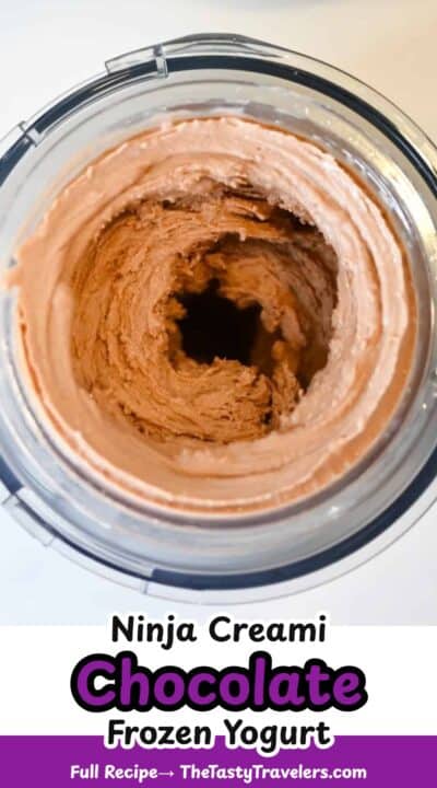 Creamy chocolate frozen yogurt in a clear jar, topped with a swirl of chocolate. Perfect for dessert.