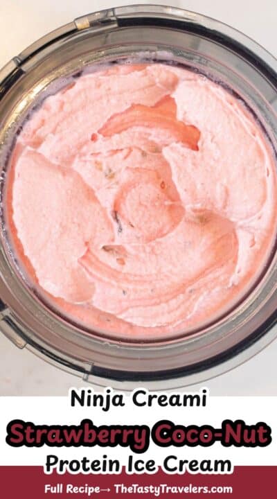 Creamy pink Ninja Creami strawberry coco-nut protein ice cream in a glass container.