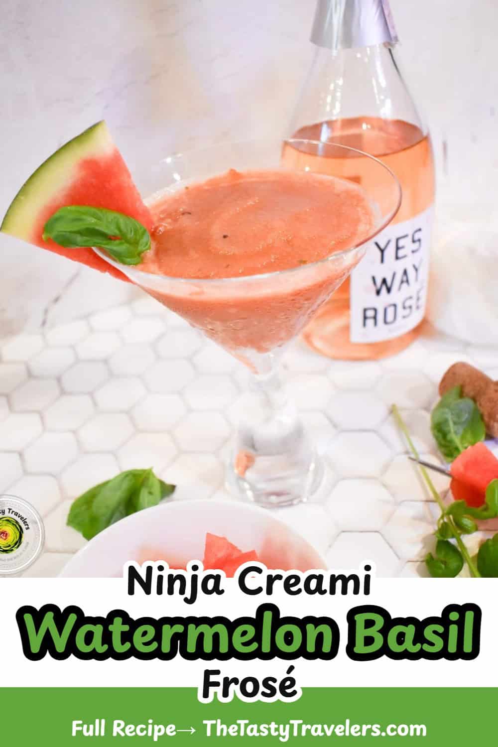 Pinterest pin image for Ninja Creami Watermelon Basil Frosé recipe