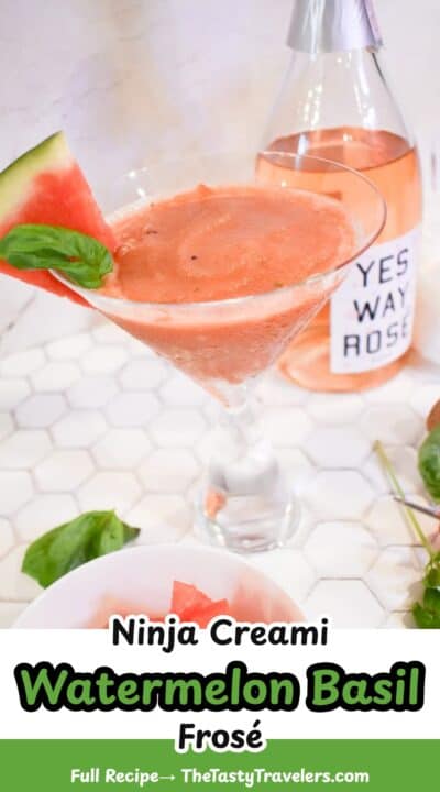 Refreshing Watermelon Basil Frosé cocktail garnished with watermelon slice and basil leaf, perfect f.