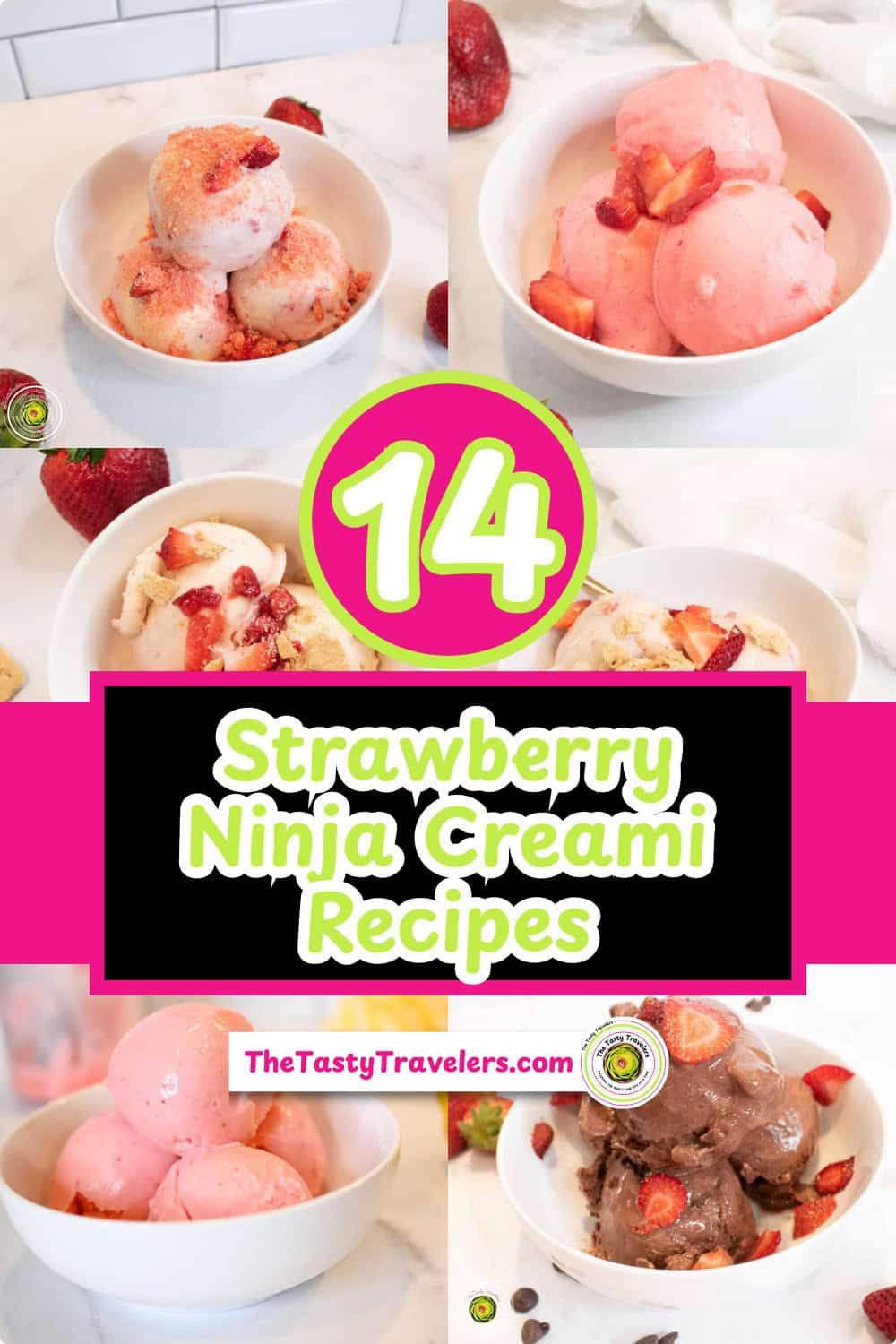 Assorted strawberry Ninja Creami recipes with colorful ice creams in bowls.