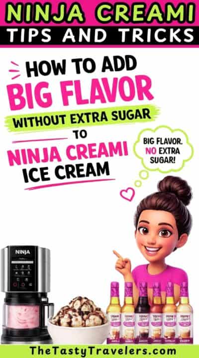 Ninja Creami ice cream maker with toppings and flavor bottles for big flavor.