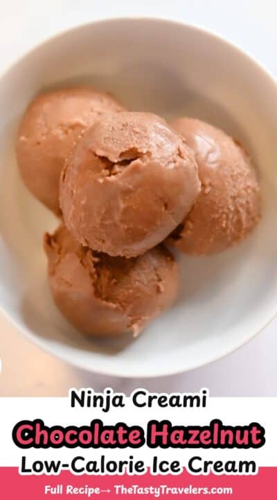 Chocolate hazelnut ninja creami ice cream in a white bowl.
