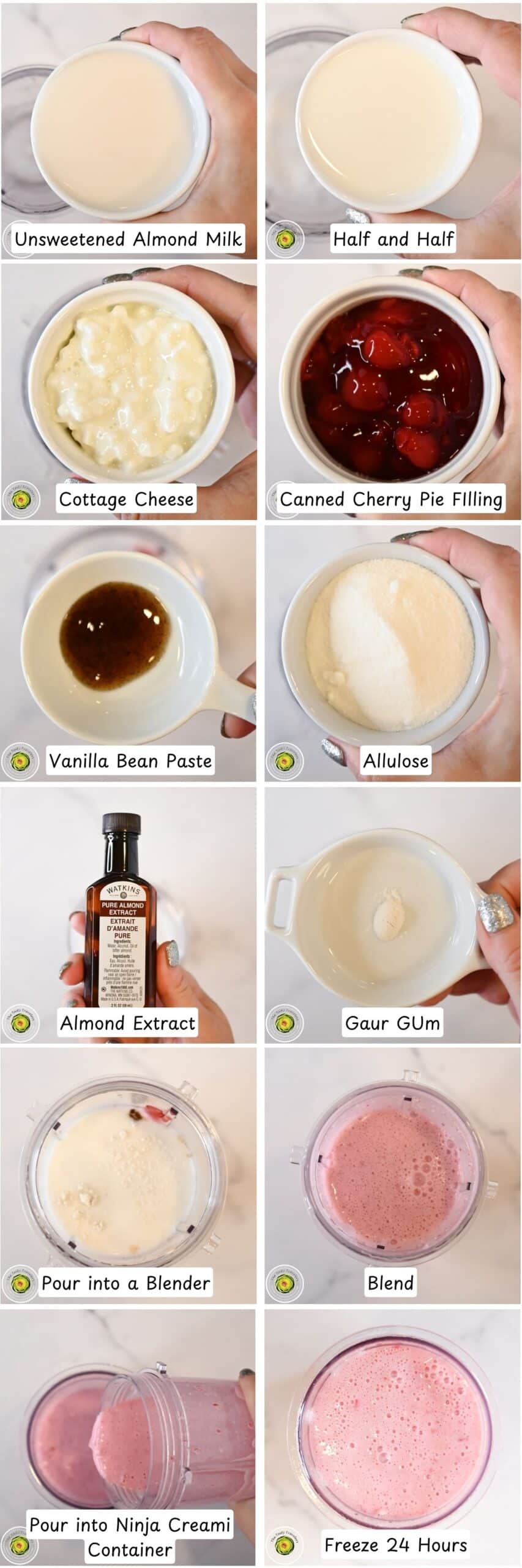Step by step process for making the Ninja Creami low calorie cherry almond ice cream mixture