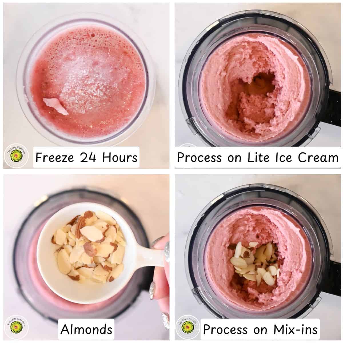 Processing the Ninja Creami low calorie cherry almond ice cream on the lite ice cream setting and adding sliced almonds as mix-ins