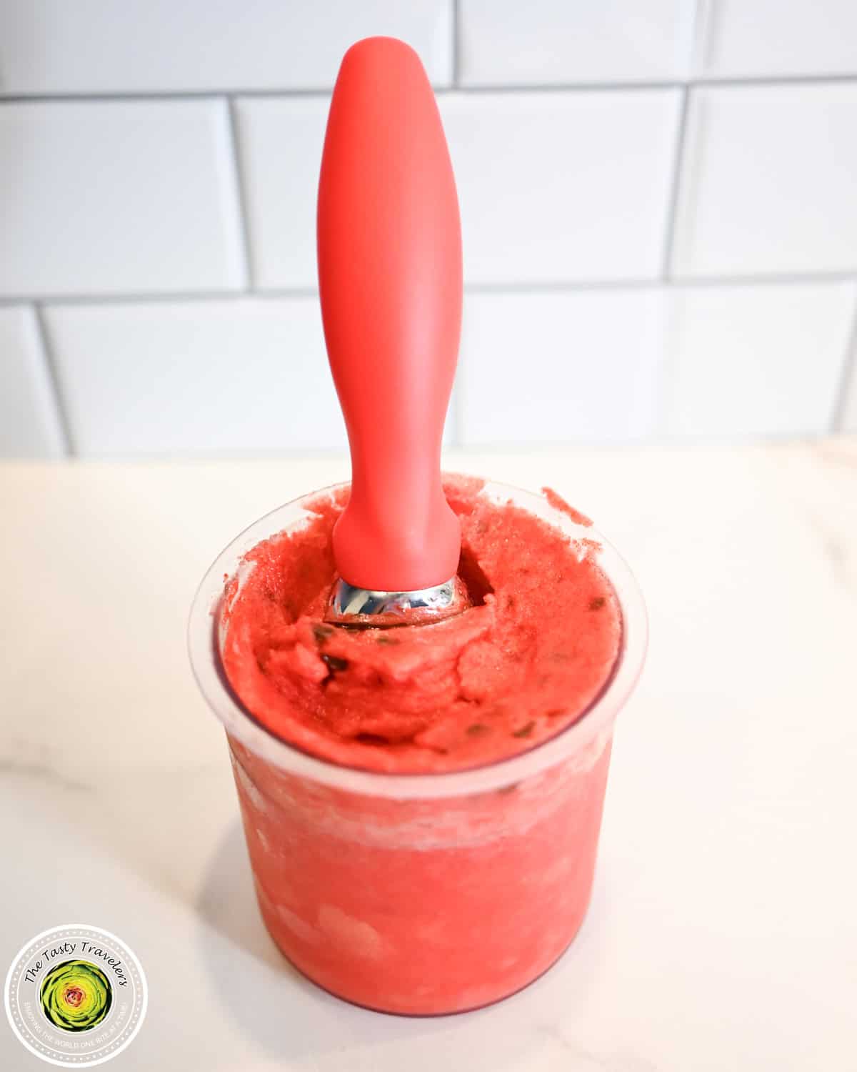 Scooped Ninja Creami low calorie cherry chocolate chip sorbet with visible chocolate chips