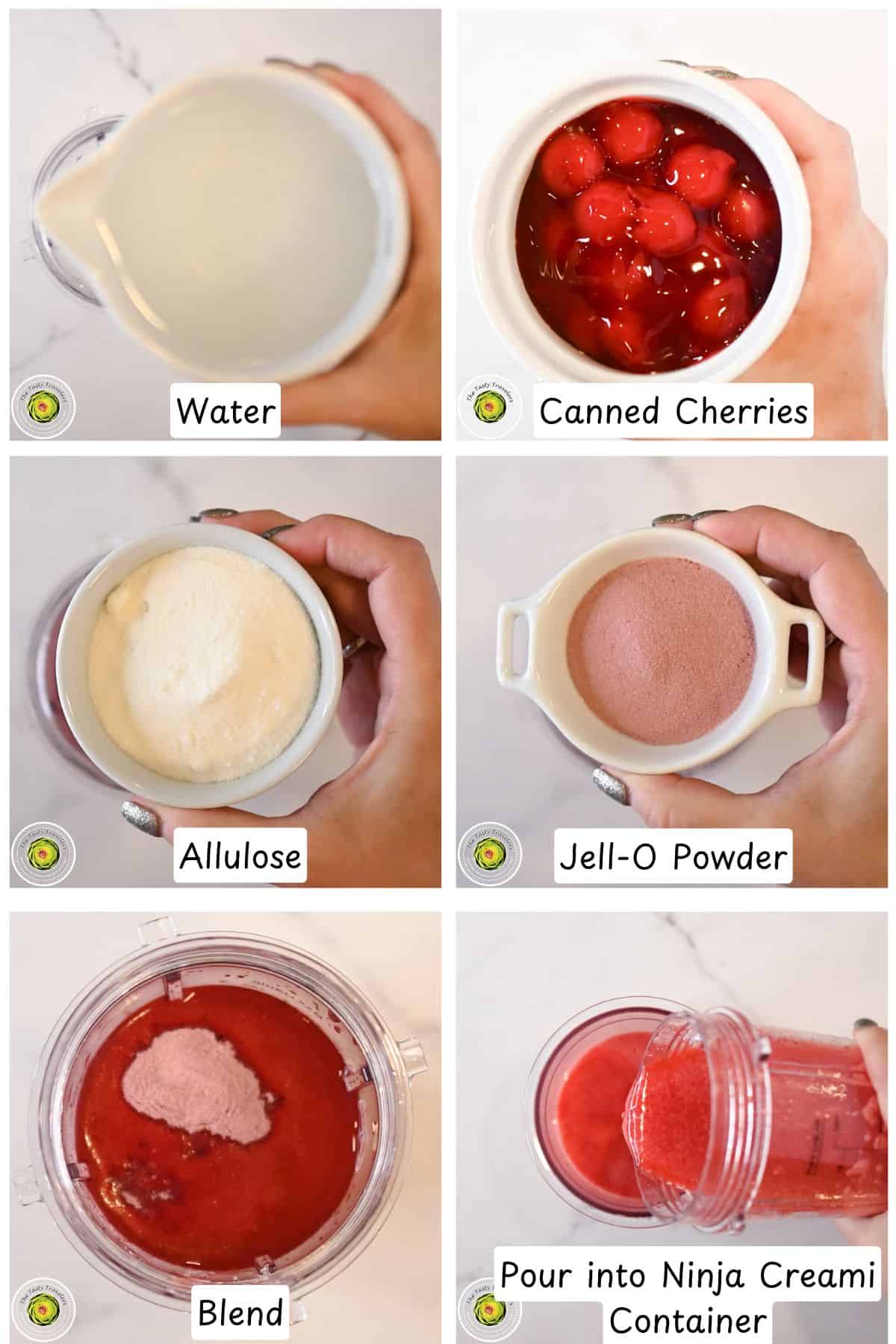 Step by step process for making the Ninja Creami low calorie cherry chocolate chip sorbet mixture