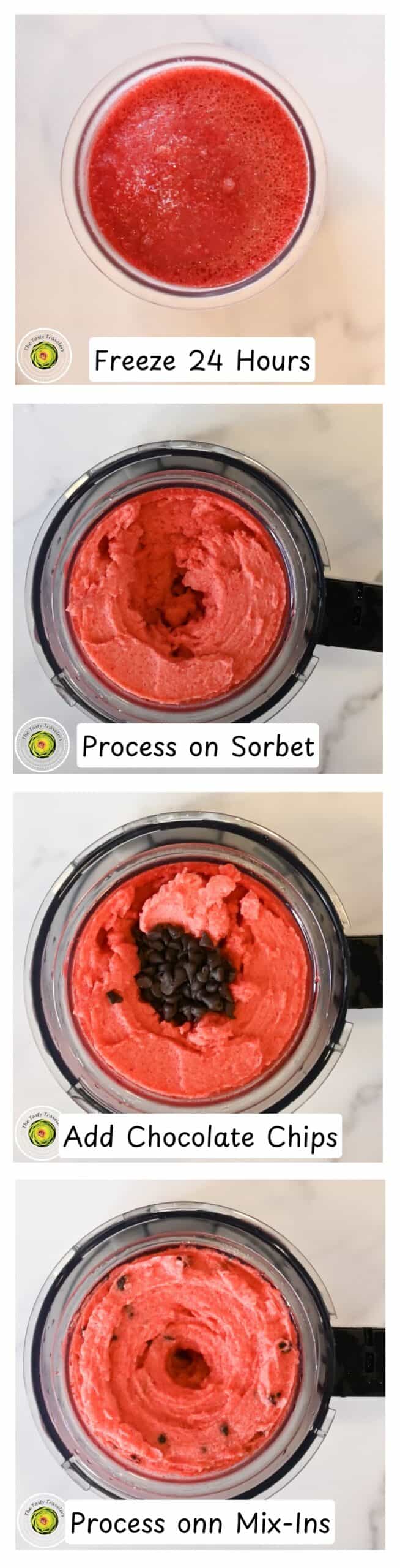 Processing the Ninja Creami low calorie cherry chocolate chip sorbet on the sorbet setting and adding mini chocolate chip mix-ins