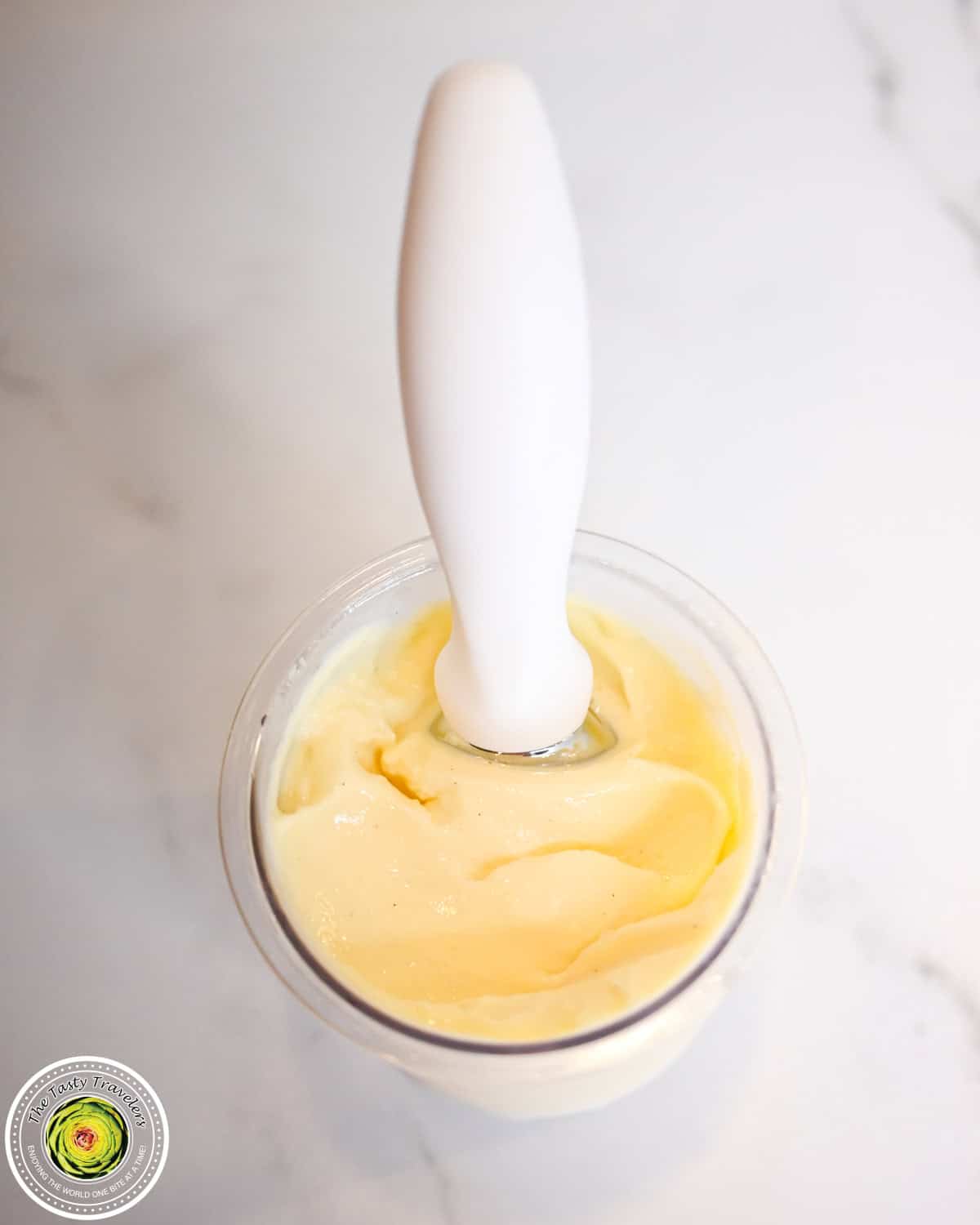 Close up of Ninja Creami low calorie frosted lemonade showing the frosty drinkable texture