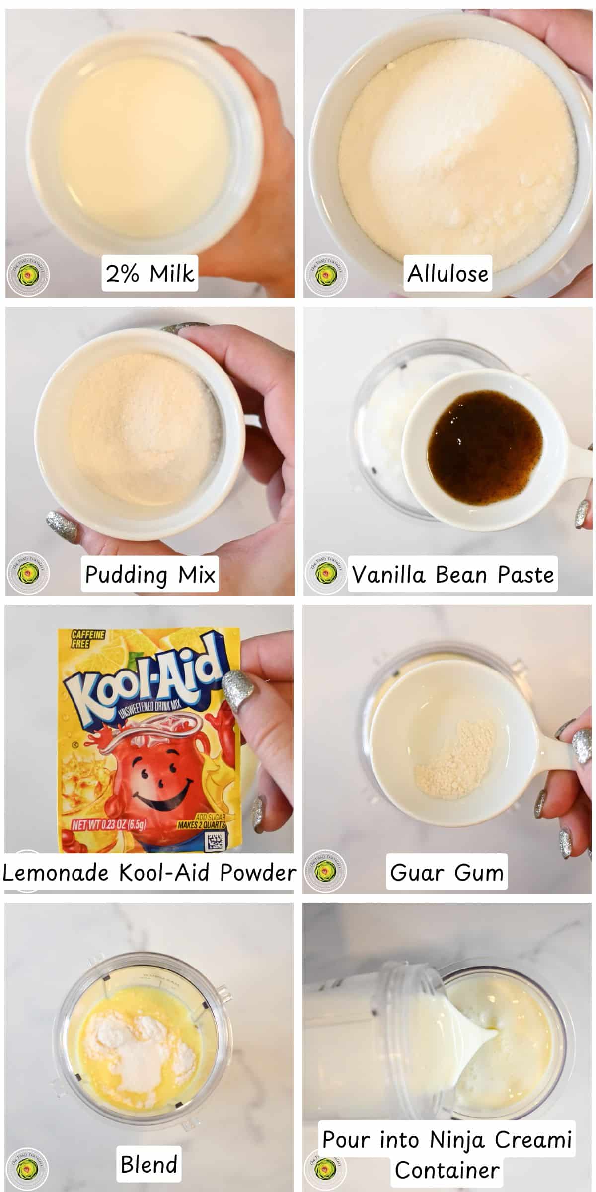 Step by step process for making the Ninja Creami low calorie frosted lemonade mixture