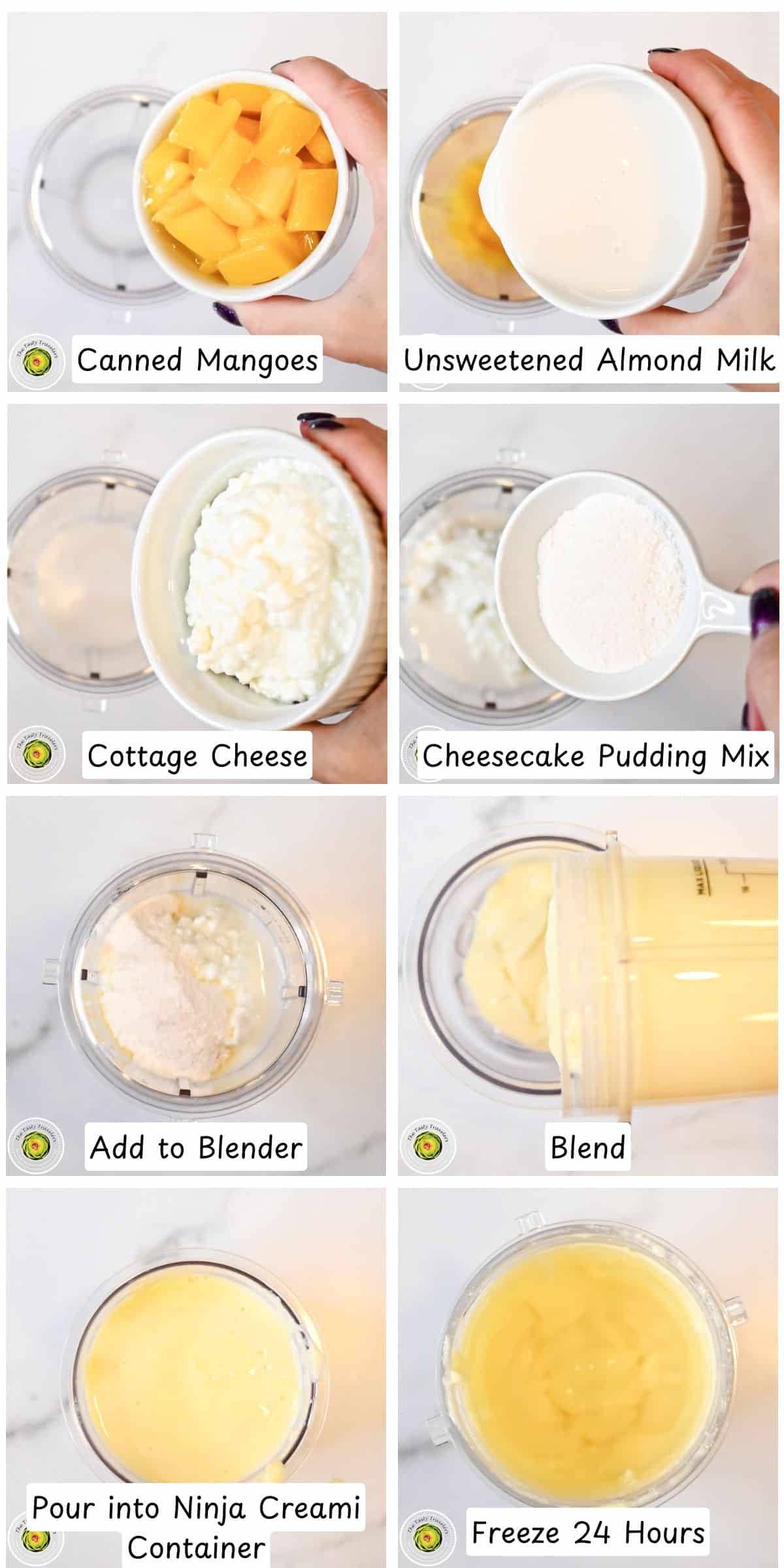 Step by step process for making the Ninja Creami low calorie mango cheesecake ice cream mixture