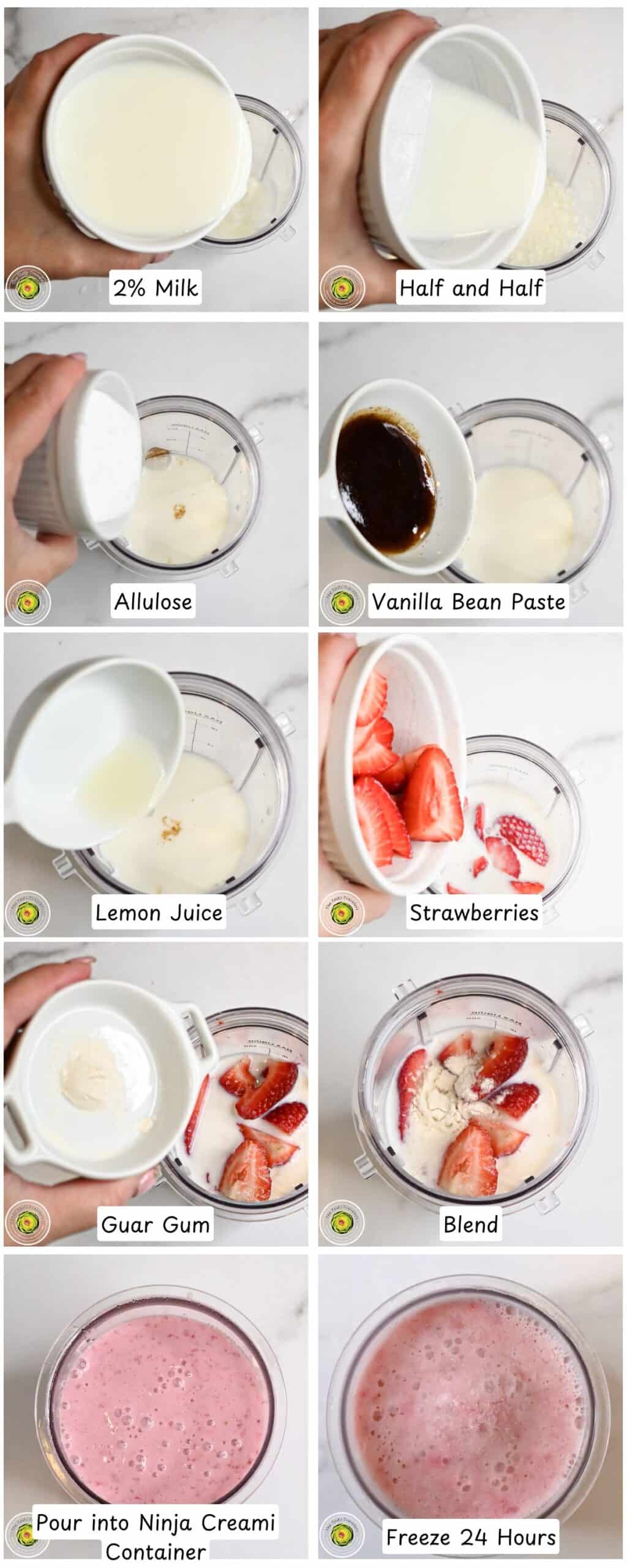 Step by step process for making the Ninja Creami low calorie strawberry ice cream mixture