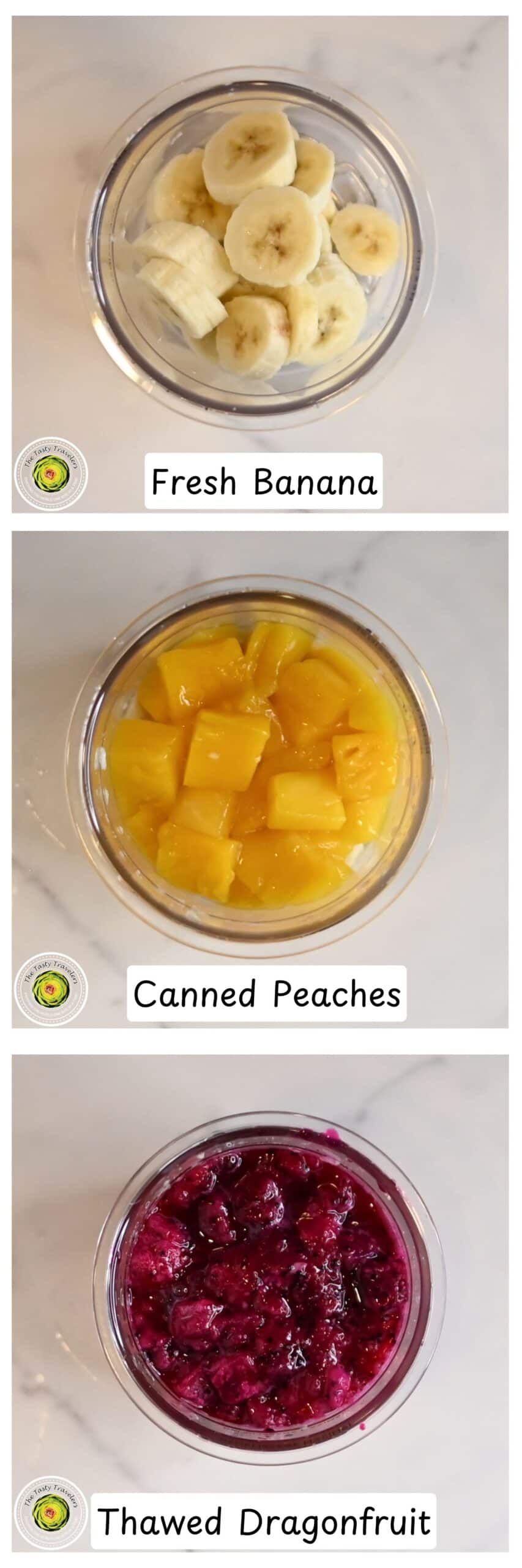 Step by step process for layering banana, mango, and dragon fruit in the Ninja Creami pint container