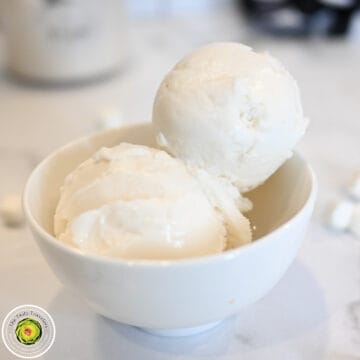 Creamy marshmallow ice cream scoops in a white bowl for Ninja Creami recipe.