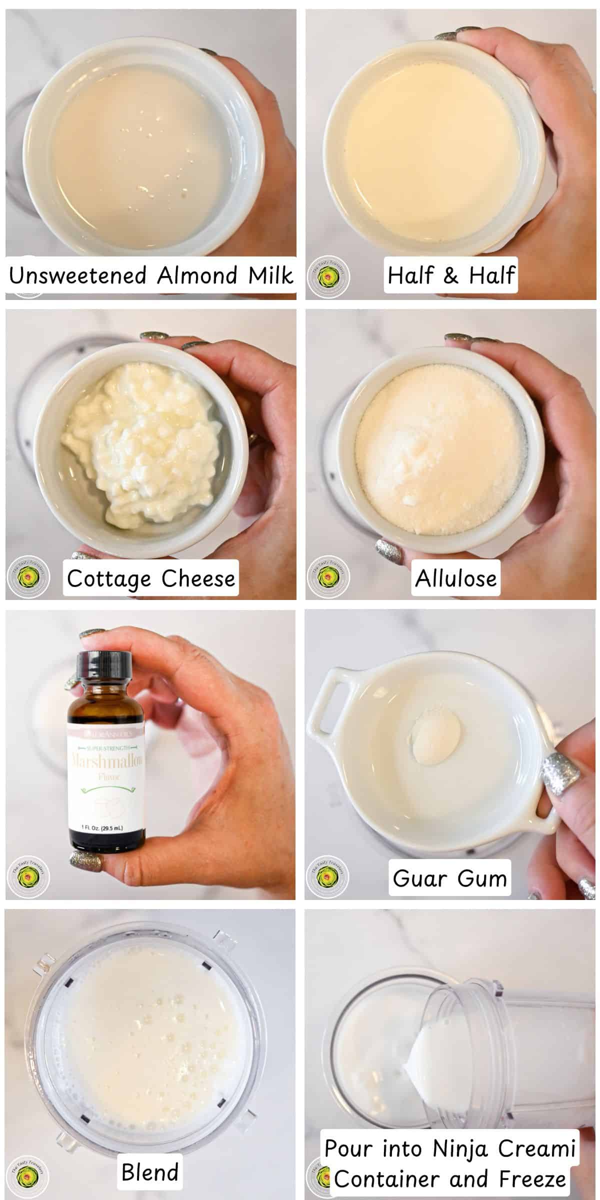 Step by step process for making the Ninja Creami low calorie marshmallow ice cream mixture