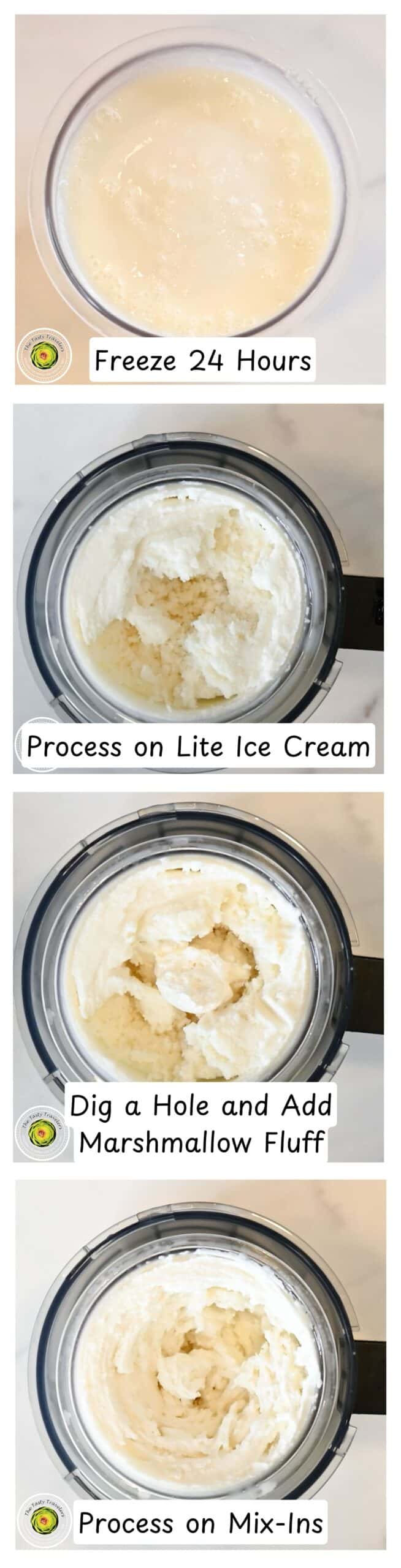 Processing the Ninja Creami low calorie marshmallow ice cream on the lite ice cream setting and adding marshmallow fluff mix-in