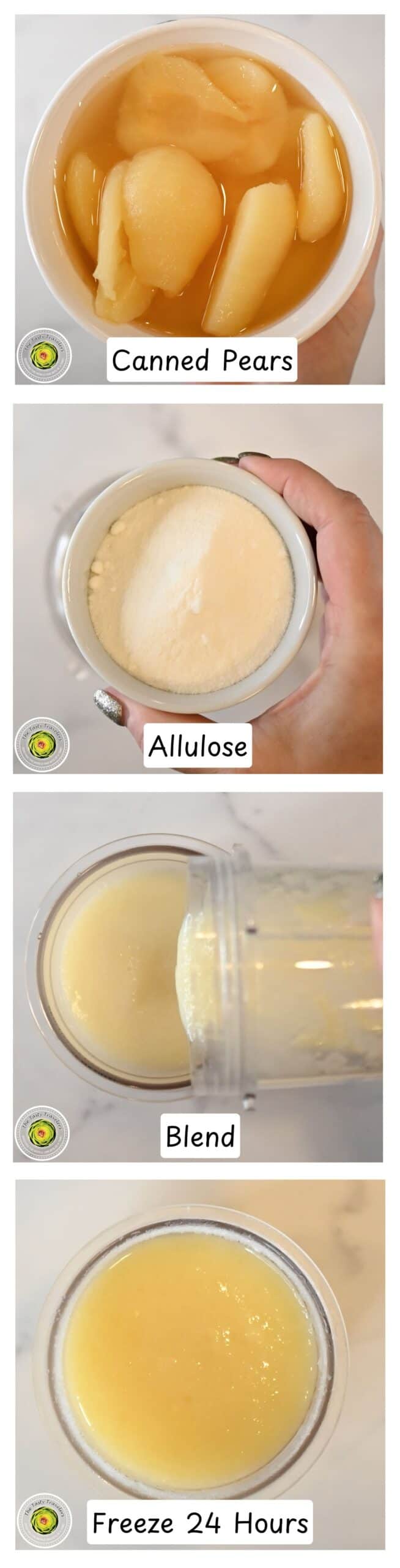 Canned pears, allulose, blend, and frozen pear juice in bowls and blender.