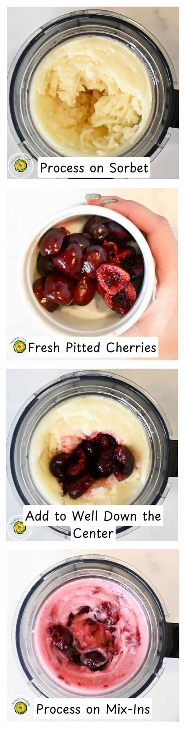 Making cherry sorbet with fresh pitted cherries and creamy mixture.