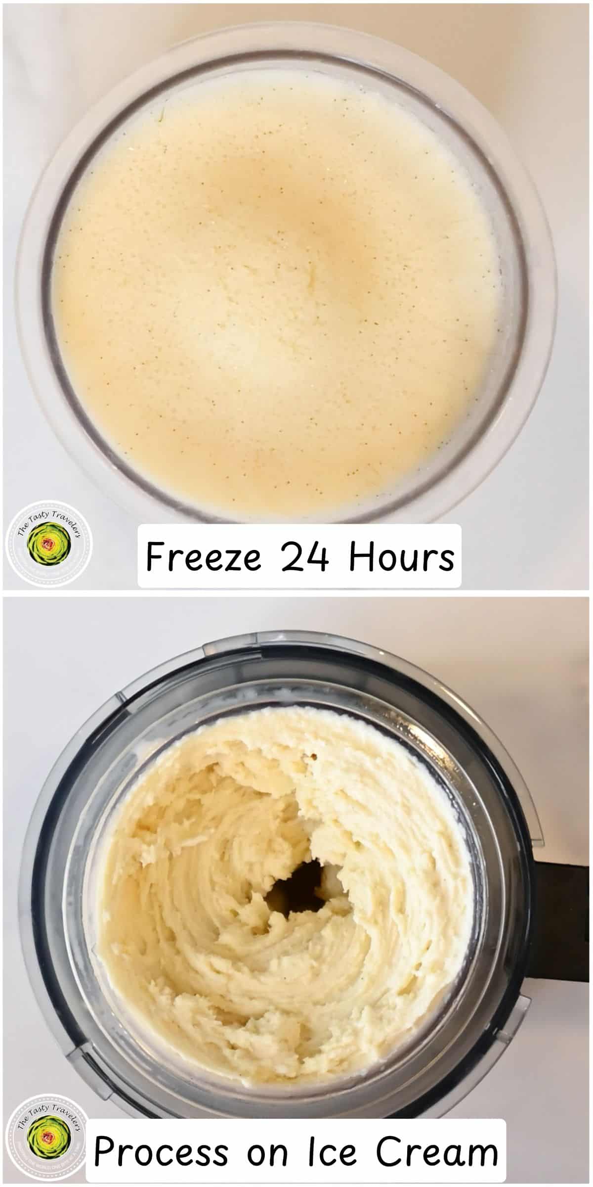 Homemade ice cream in a blender with a label for freezing and processing.