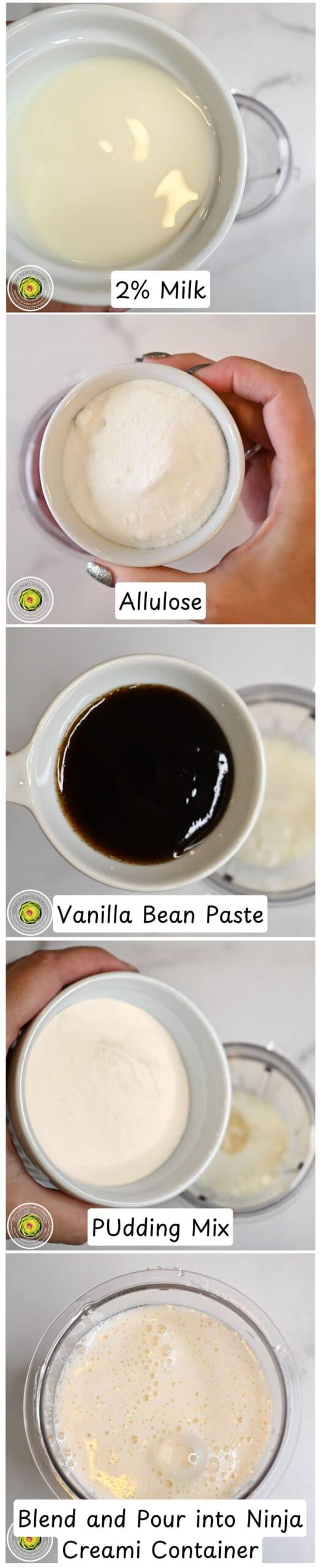 Step-by-step images of ingredients for making vanilla bean pudding and custard.