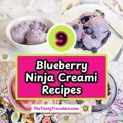 Blueberry Ninja Creami recipes with purple ice cream scoops and fresh blueberries.