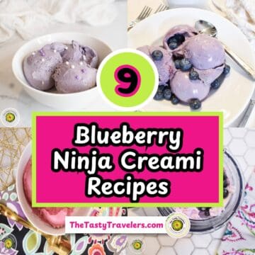 Blueberry Ninja Creami recipes with purple ice cream scoops and fresh blueberries.