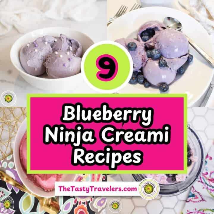 Blueberry Ninja Creami recipes with purple ice cream scoops and fresh blueberries.