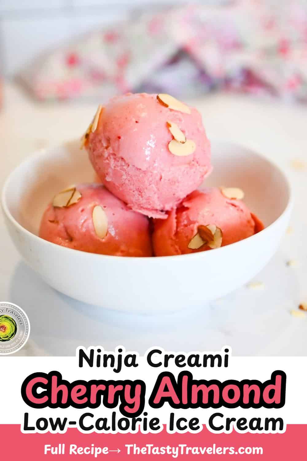 Pinterest pin image for Ninja Creami Low Calorie Cherry Almond Ice Cream recipe