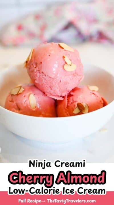 Delicious cherry almond ninja creami ice cream with sliced almonds on top.