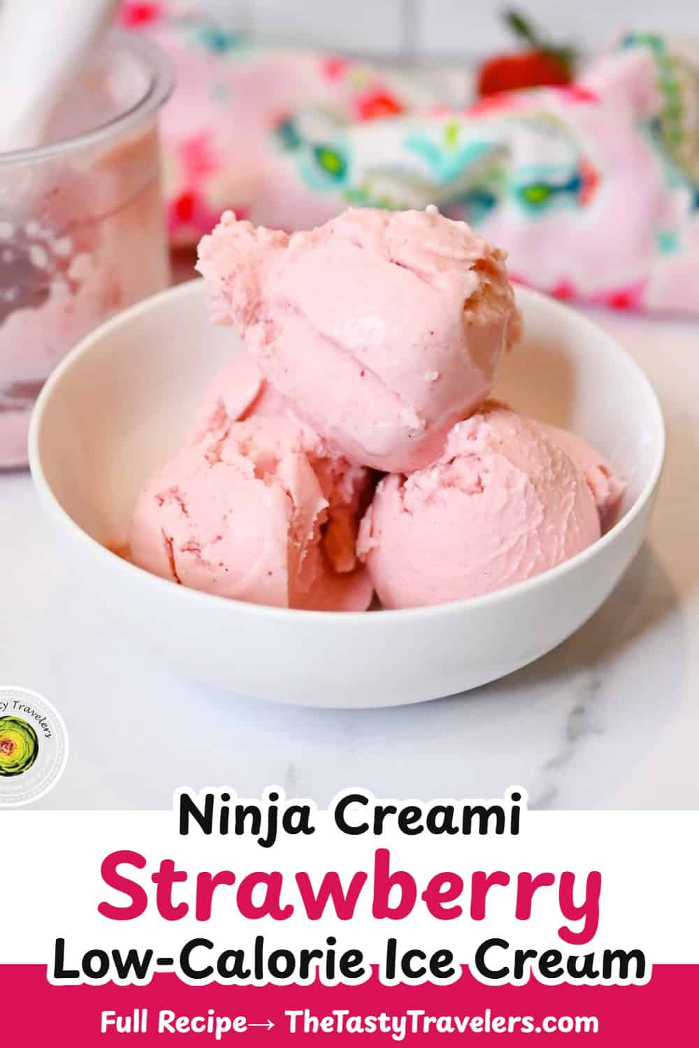 Pinterest pin image for Ninja Creami Low Calorie Strawberry Ice Cream recipe