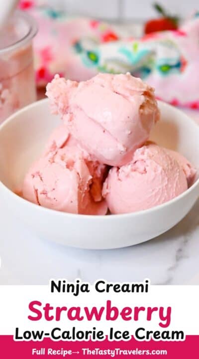 Delicious pink strawberry ninja creami ice cream in a white bowl.