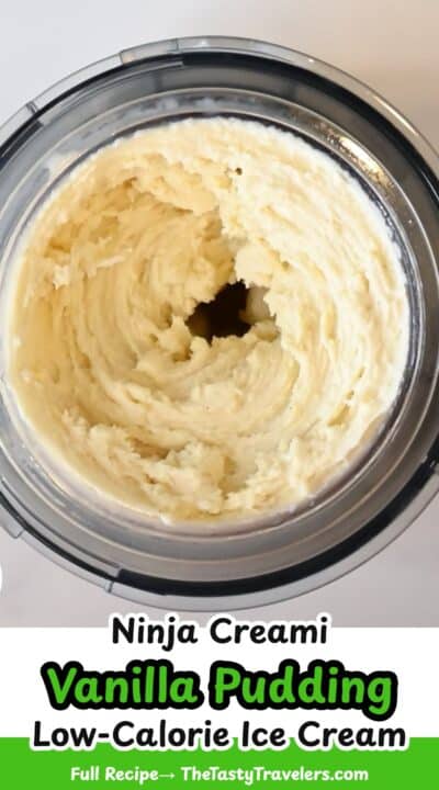 Close-up of vanilla pudding in a blender with a smooth, creamy texture.