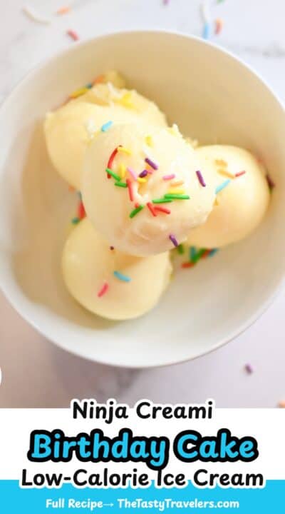 Ninja Creami birthday cake ice cream with colorful sprinkles in a white bowl.