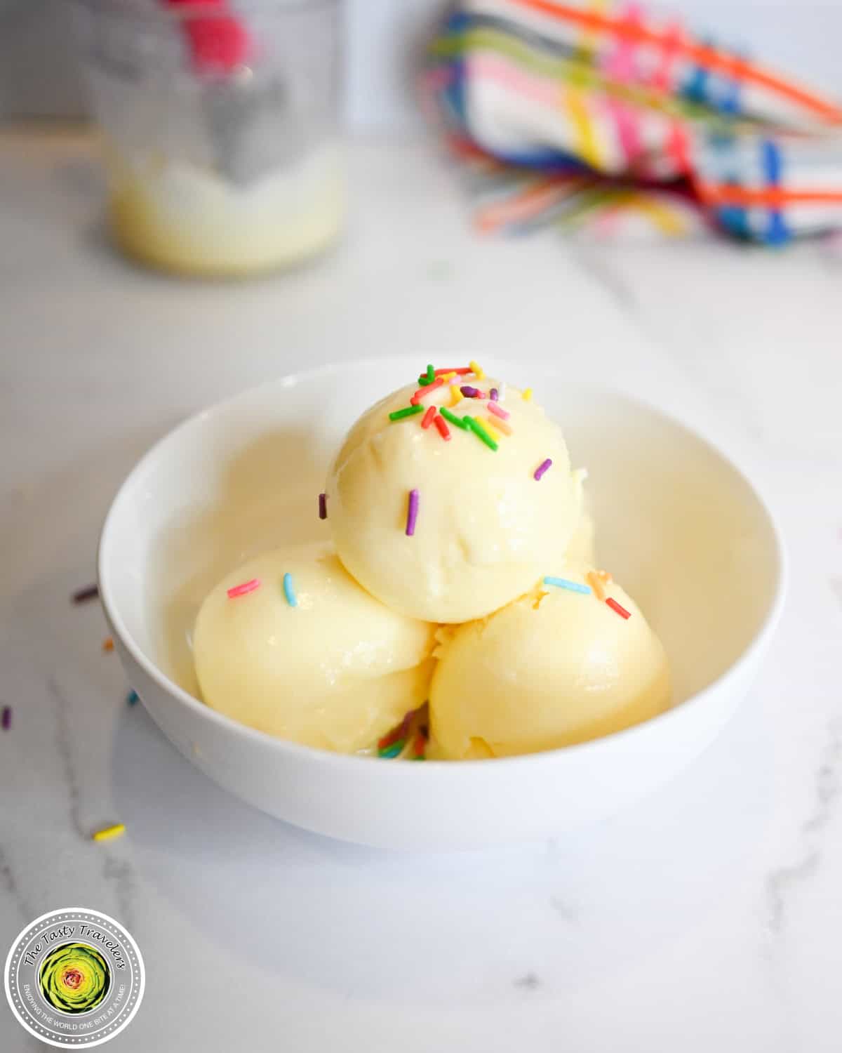 Close up of Ninja Creami low calorie birthday cake ice cream