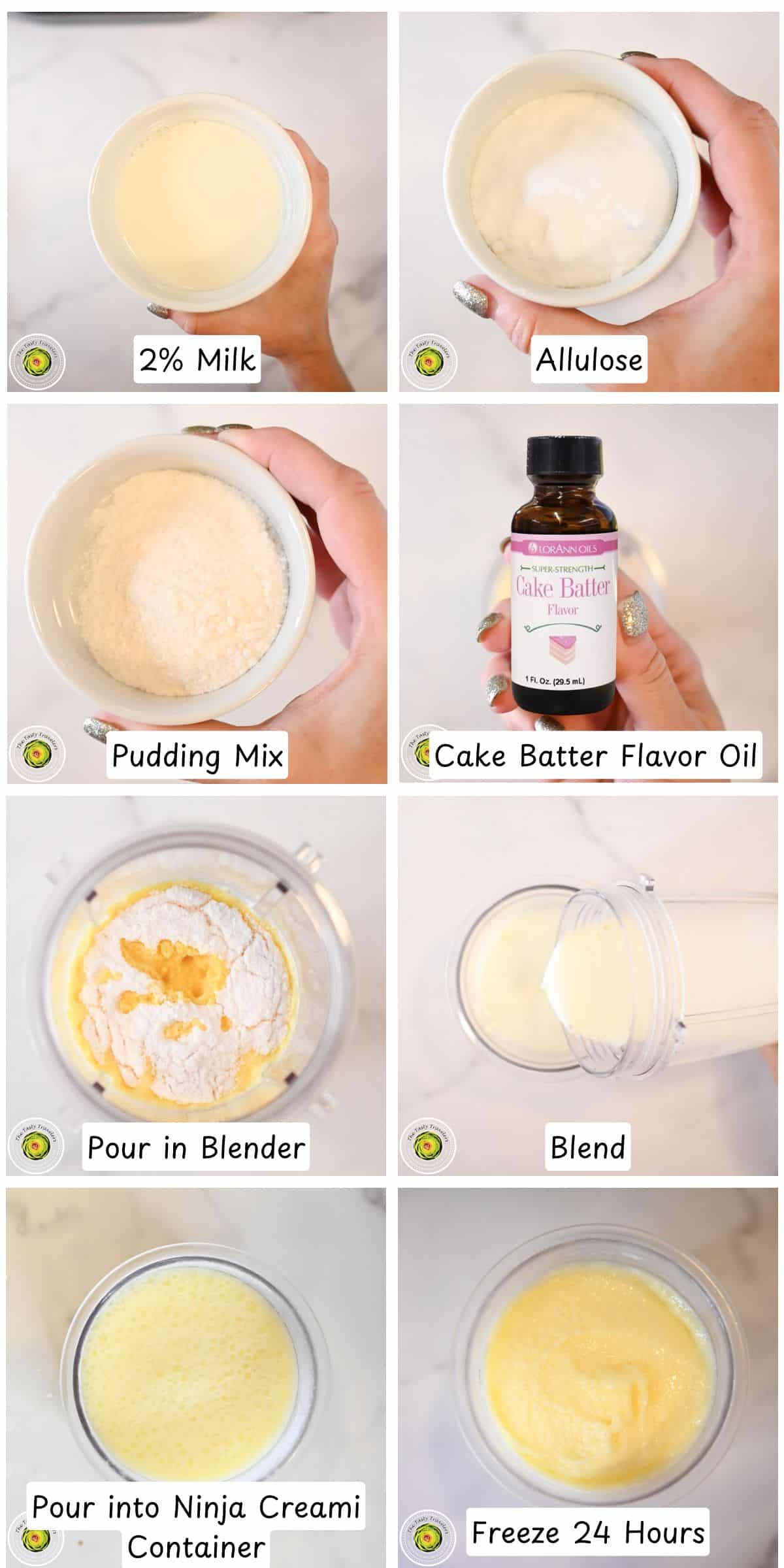 Blending the ice cream mixture for Ninja Creami low calorie birthday cake ice cream
